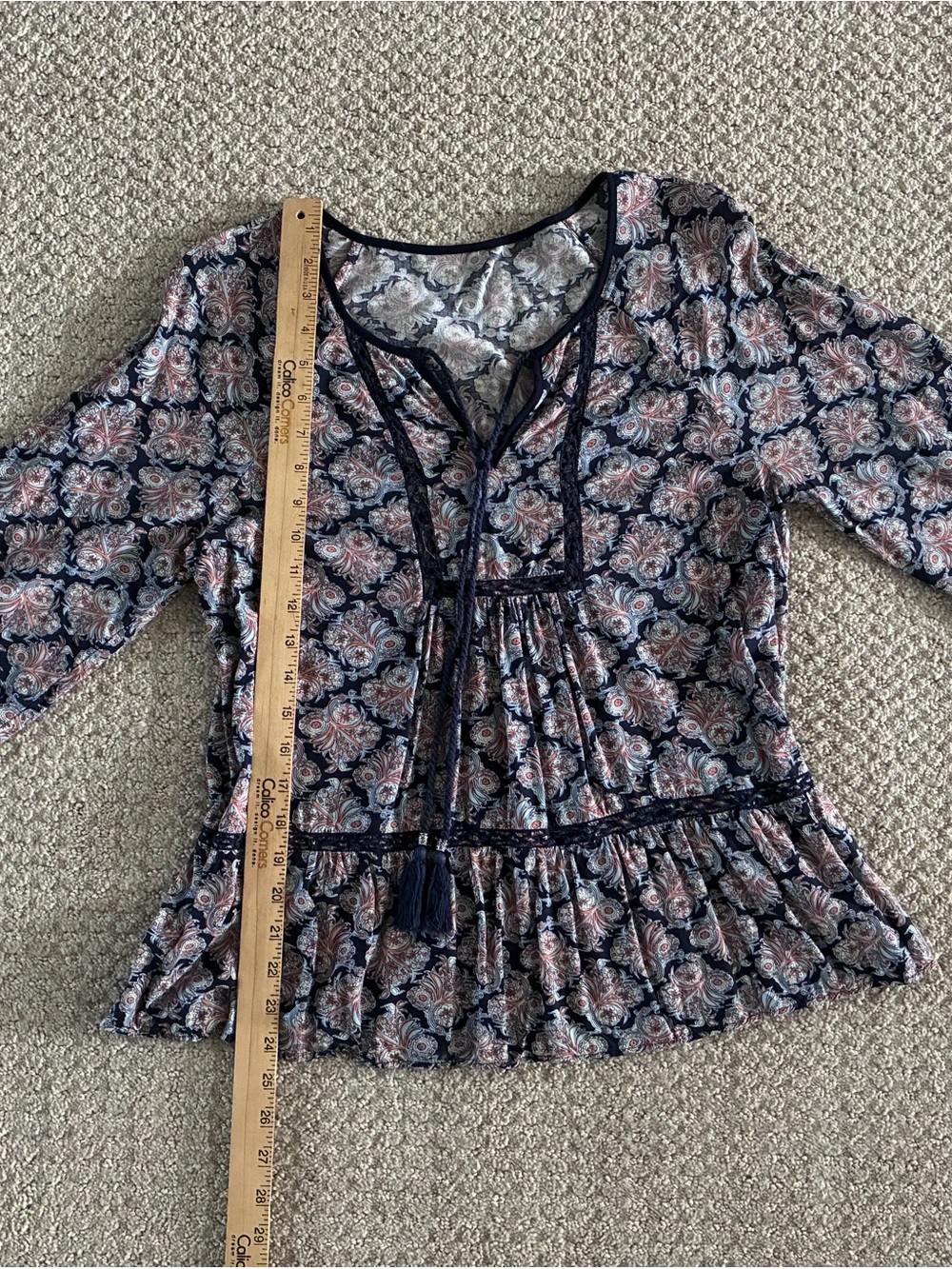 Navy Floral Peasant Blouse with Tassel Tie